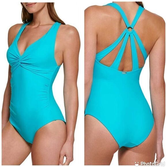 NWT CALVIN KLEIN Strappy-Back Plunge-Neck One-Piece Swimsuit Tropical Waters - Picture 1 of 16